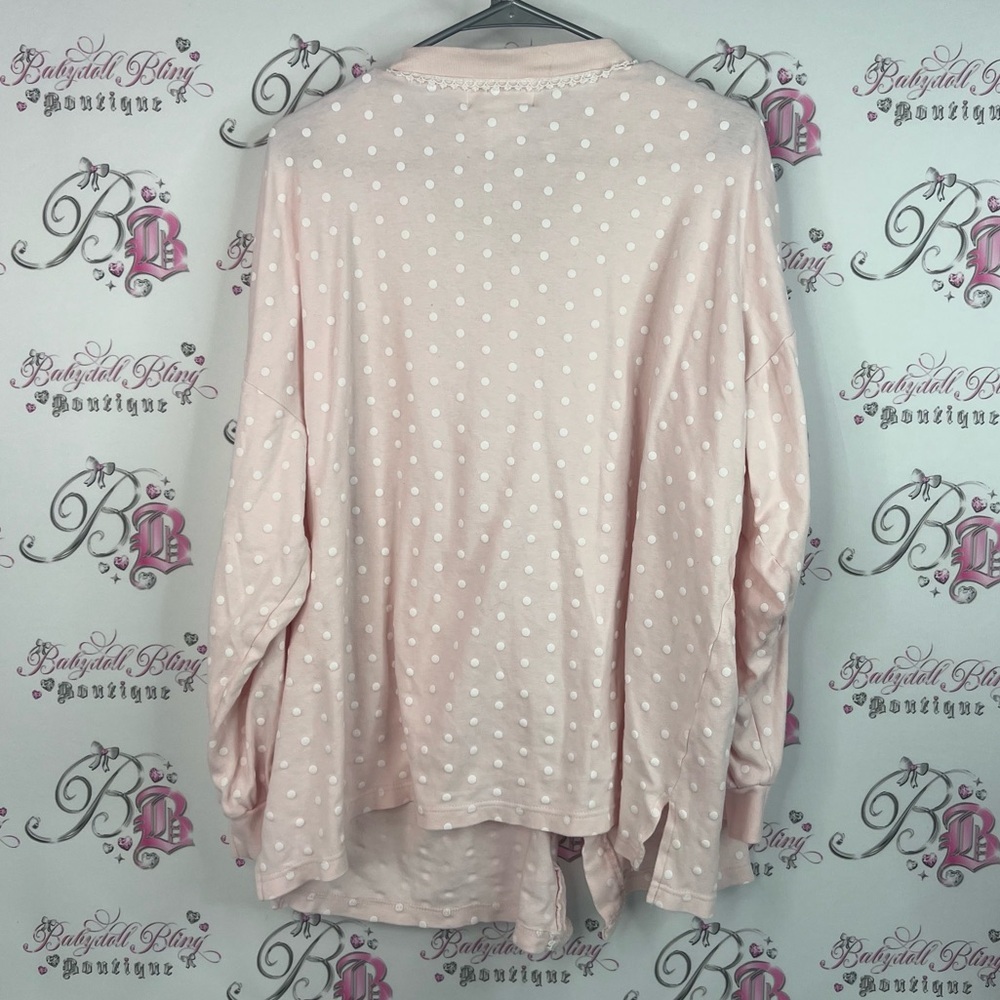 Aria button up long sleeve lace detail baby Light Pink Polka Dot Top - Picture 2 of 9